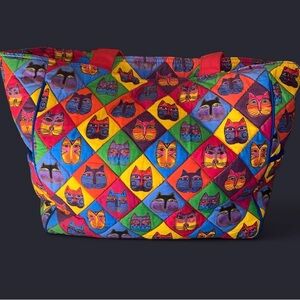 Laurel Burch "Diamond Cat Masks" quilted tote bag, produced by Sun N Sand Vtg